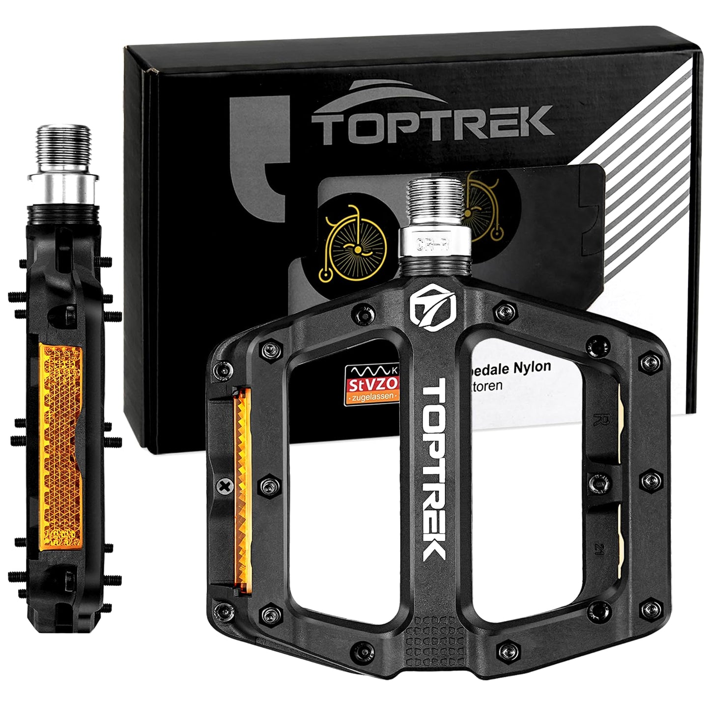 Toptrek bicycle pedals with StVZO reflectors, nylon composite flat pedals, 3 bearing non-slip MTB pedals, 9/16 inch bike pedal set for road bike/mountain bike/trekking/E-bike.