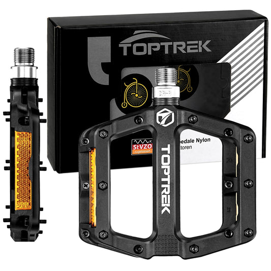 Toptrek bicycle pedals with StVZO reflectors, nylon composite flat pedals, 3 bearing non-slip MTB pedals, 9/16 inch bike pedal set for road bike/mountain bike/trekking/E-bike.