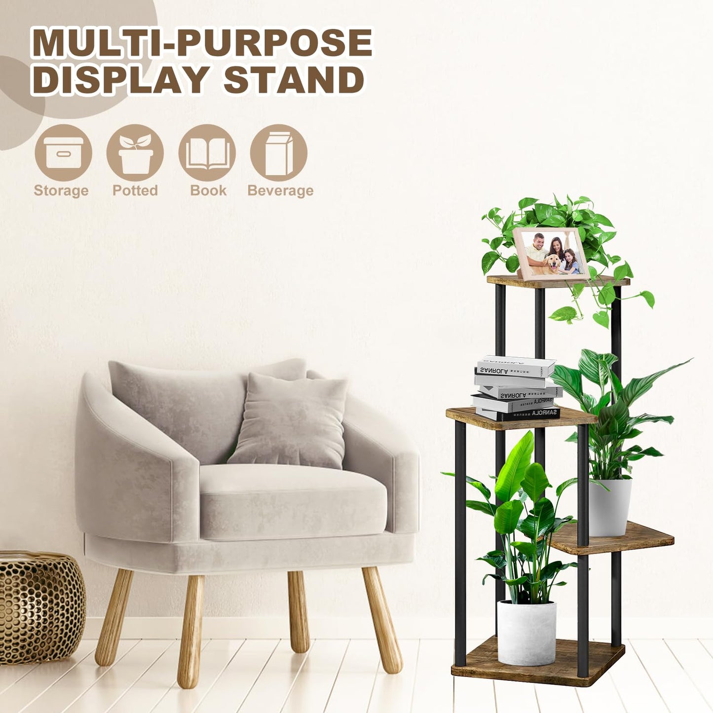 YOCOMEY 4-Tier Wooden Flower Rack Plant Stand, Multi-layer Flower Shelf Plant Shelf Flower Bench Flower Stairs Plant Stairs Display Rack for Indoor Garden Balcony Decor (Black)