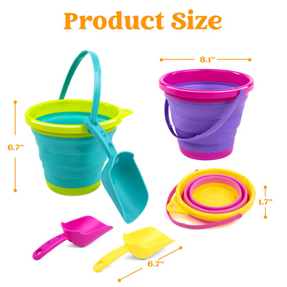 JOYIN 3 Pack Foldable Beach Bucket Set, Sandbox Foldable Sand Toy Bucket with Mesh Backpack for Kids, Camping Gear, Sand Party.