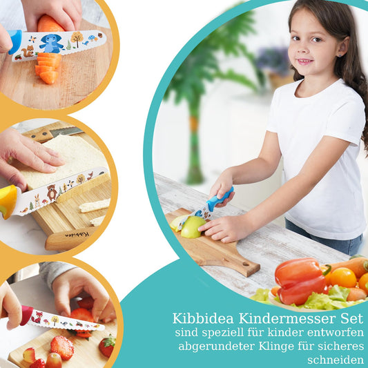 Kibbidea 4-piece child knife set, safety, stainless steel blade, serrated edge, kids kitchen knives, teaching cutting skills for cutting fruit or vegetables, suitable for children aged 3 years and older.