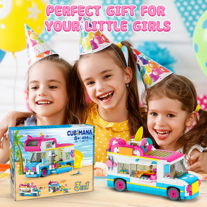 CUBIMANA 3-in-1 camper building blocks toy, RV caravan construction toy with slide and stickers, gifts for kids girls and boys from 6 to 12+ years old (494PCS)