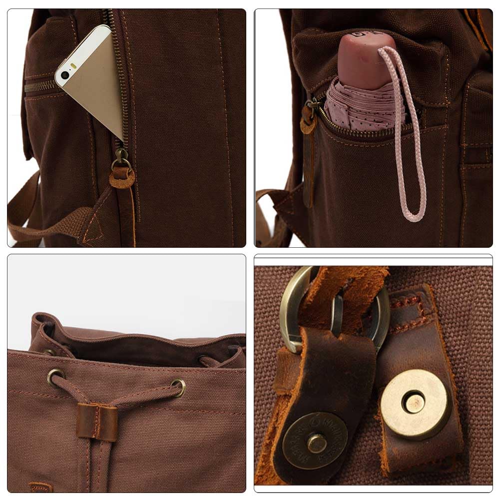 AUGUR Retro Canvas Backpack, Vintage Style Backpack for 15-17 Inch Laptop, School Backpack, Travel Bag, Leather Backpack, Waterproof (Large Coffee)