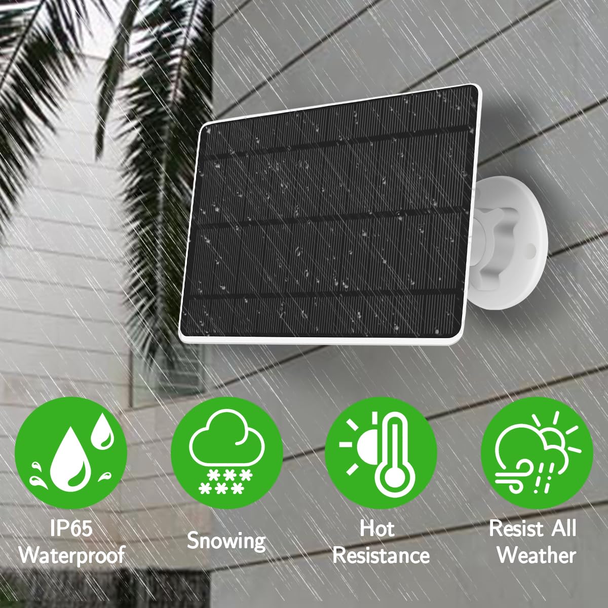 Eufy Security Solar Panel (5W) is compatible with EufyCam. It has a 5V solar panel with a USB-C connector, a micro USB adapter, and is IP65 weatherproof for outdoor surveillance and camera charging.