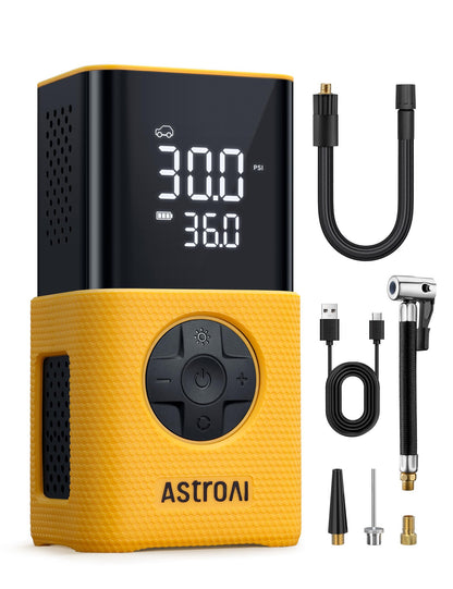 AstroAI Cordless Electric Air Pump, Portable Battery Bike Pump with all valves, LED light, Rechargeable Tire Inflator for bike, e-bike, car, motorcycle, balls, Yellow