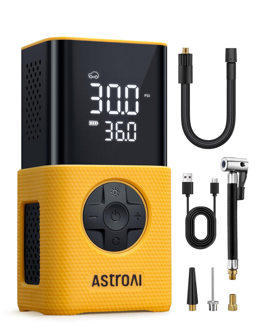 AstroAI Cordless Electric Air Pump, Portable Battery Bike Pump with all valves, LED light, Rechargeable Tire Inflator for bike, e-bike, car, motorcycle, balls, Yellow