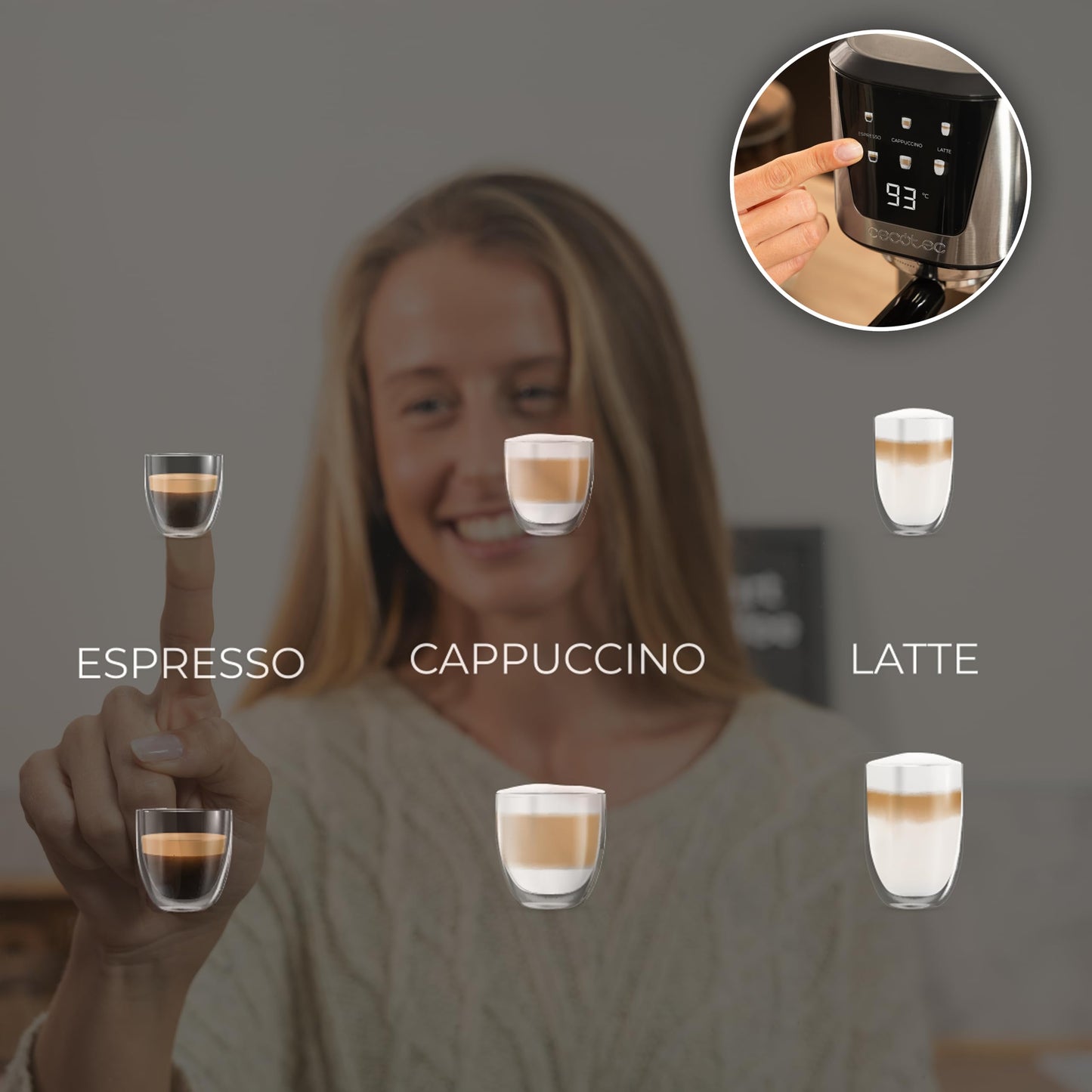 Cecotec Semi-Automatic Coffee Machine Power Espresso 20 Cream: 20 Bar, thermoblock heating system, for ground coffee, espresso, cappuccino, latte, touchscreen, 700ml milk container, 1L water tank.