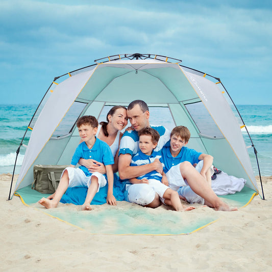 WolfWise beach tent with UV protection 50+, 4-5 people beach shelter with Quick-Up system, sun protection windbreak with expandable floor, automatic sun tent for family camping garden beach mint green.