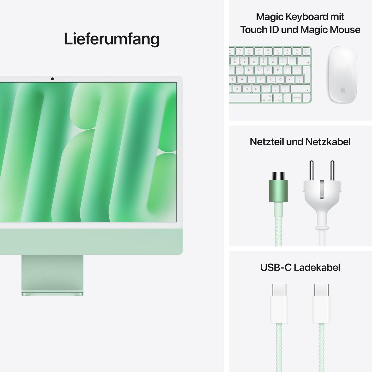 Apple iMac All-in-One desktop computer with M4 chip featuring 10-core CPU and 10-core GPU: 24" Retina display, 16GB unified memory, 512GB SSD storage, matching accessories; Green