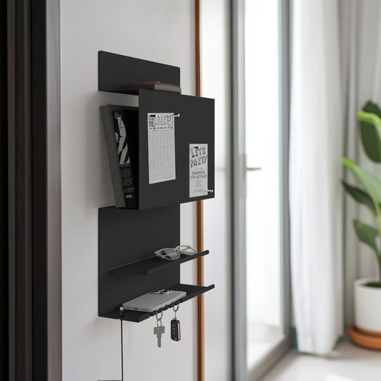 Offer wall organizer Hepe made of steel structure. 30 x 9 x 49 cm 3-in-1 wall shelf with magnetic board and magnets. Board for keys, newspapers, and notes. Black color.