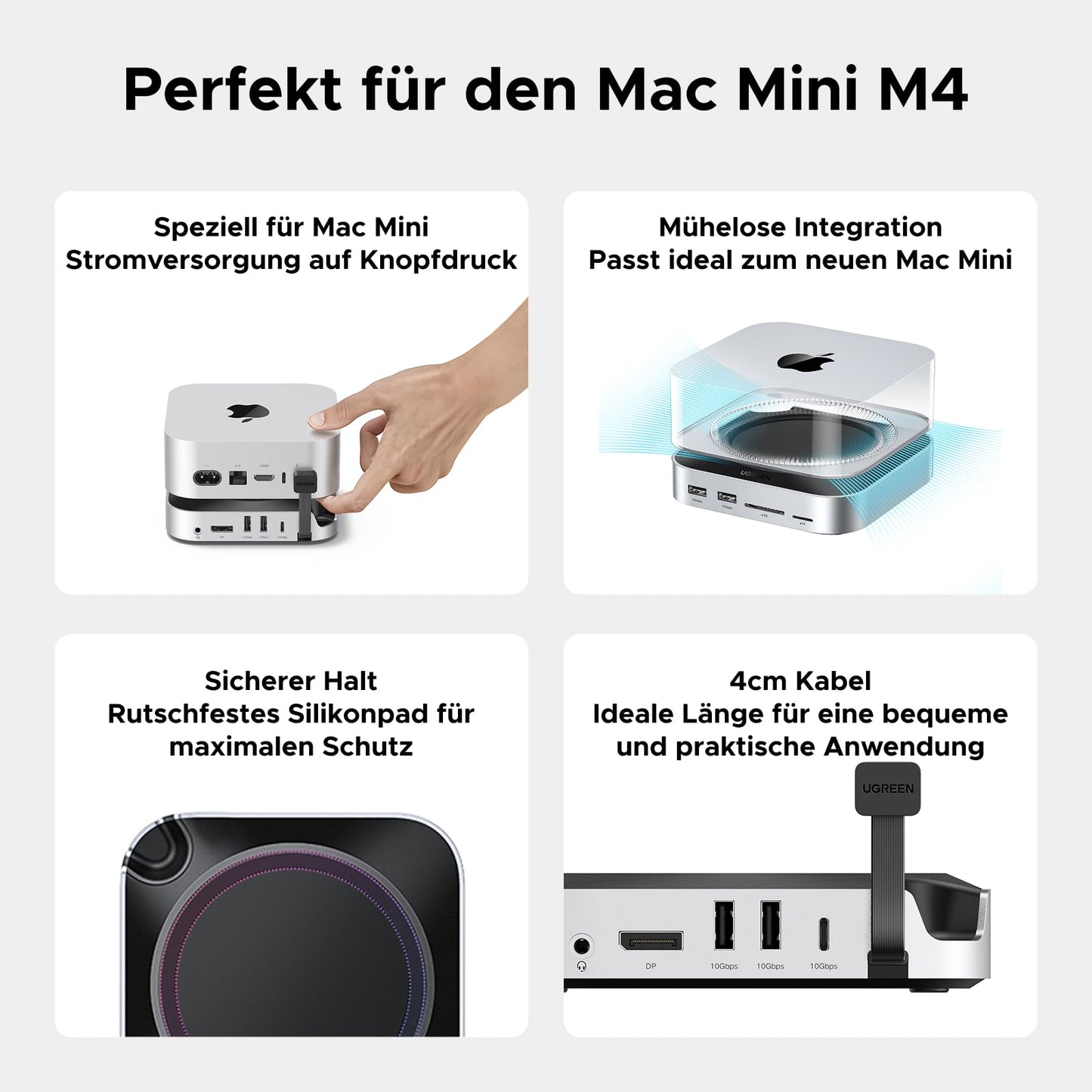 UGREEN Mac mini M4 Dock with DisplayPort (4K@240Hz max.) for dual monitor setups, 10Gbps USB ports, 8TB M.2 NVMe SSD slot, SD/TF card reader & 3.5mm audio Compatible with Mac mini M4/M4 Pro.