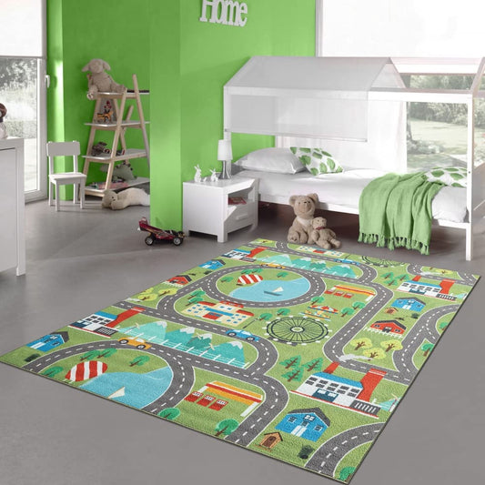 Children's play rug with cityscape on grass in green size 80x150 cm.