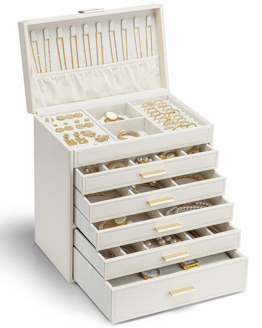 Vlando Modern Jewelry Box Large, Jewelry Storage with 6 Levels, Jewelry Box for Women, for Earrings, Rings Jewelry Storage, with Drawers, Mirror, Watch Pillow, Gift for Women
