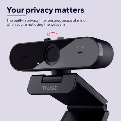 Trust Taxon 2K QHD Webcam made of 85% recycled plastic, 2560x1440p USB camera for PC with cover, autofocus, wide angle, 2 microphones, video camera for conferences, video calls, Skype, Teams, Zoom