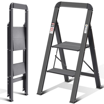 KINGRACK 2-Step Aluminum Ladder, Foldable Step Ladder with Handrail, Non-Slip Household Ladder with Folding Lock, Load Capacity up to 150 kg, for Home, Office, Garden, Black
