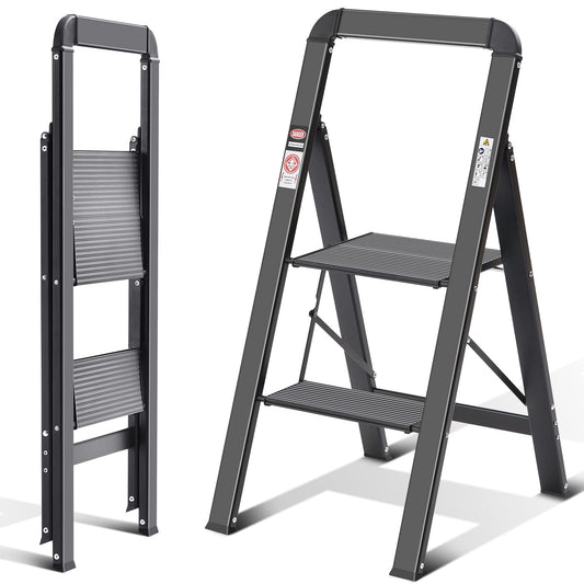 KINGRACK 2-Step Aluminum Ladder, Foldable Step Ladder with Handrail, Non-Slip Household Ladder with Folding Lock, Load Capacity up to 150 kg, for Home, Office, Garden, Black