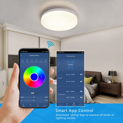 Bluetooth ceiling light 24W LED ceiling lamp with speaker, remote control and app control, RGB color changing, dimmable, IP44 waterproof, White noise adjustable for bedroom children's room Ø26CM