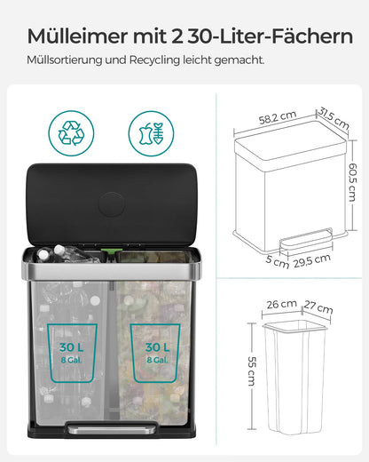 SONGMICS Kitchen Trash Can, 2 x 30L, Waste Separation System, 2 Compartments, 15 Trash Bags, Stainless Steel Trash Can, Plastic Inner Bucket, with Lid, Soft-close, 58 x 31.5 x 59 cm, silver LTB202E01