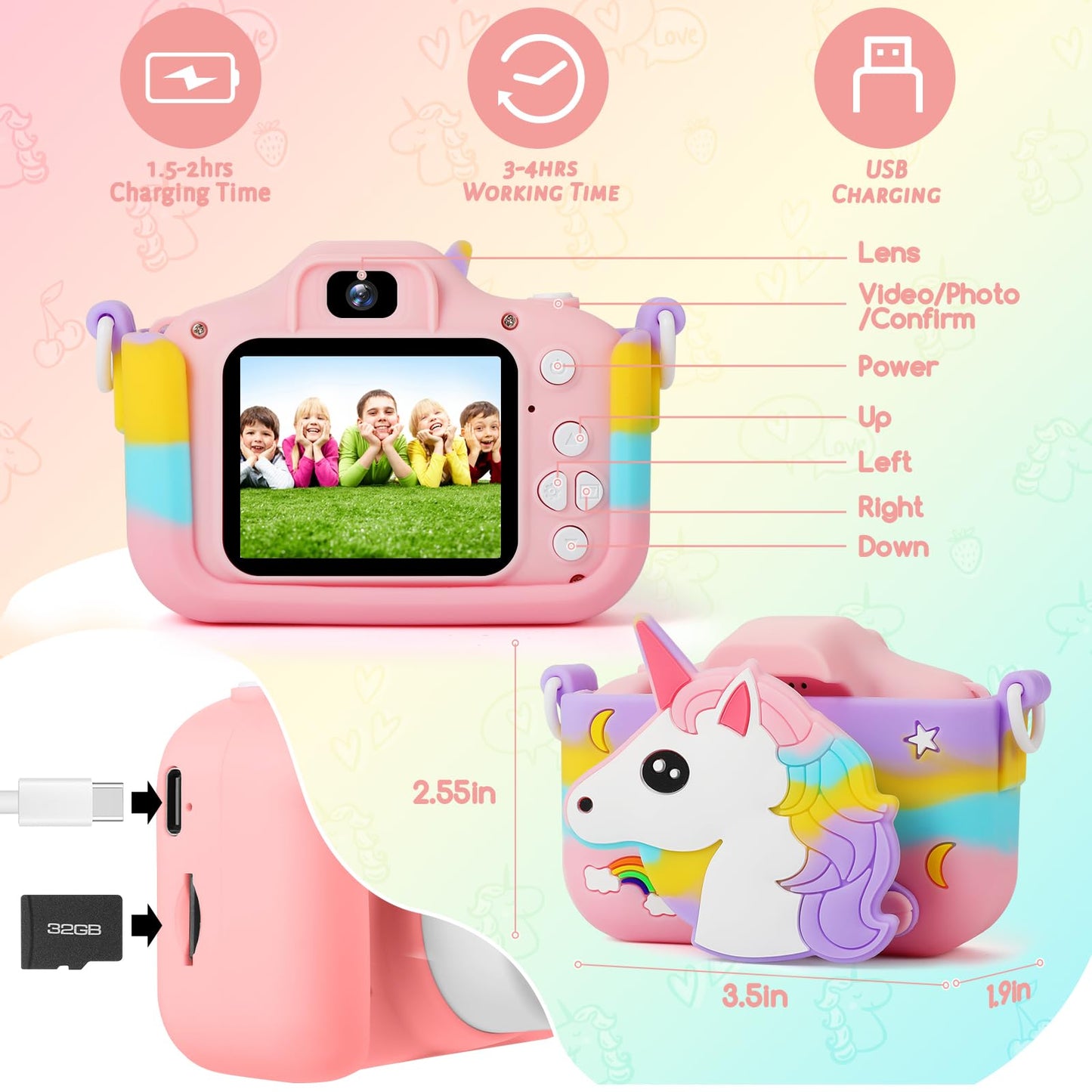 Kids Camera - Girls Gifts/1080P Kids Digital Camera+32GB TF Card, Anti-Drop Camera Case/HD Video/38 Picture Frames and Filters/8x Zoom/5 Learning Games, Gifts for Boys Girls 3-9 Years