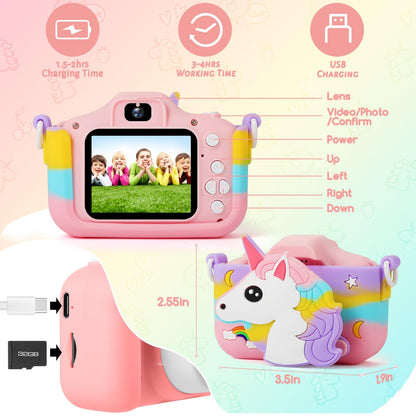Kids Camera - Girls Gifts/1080P Kids Digital Camera+32GB TF Card, Anti-Drop Camera Case/HD Video/38 Picture Frames and Filters/8x Zoom/5 Learning Games, Gifts for Boys Girls 3-9 Years