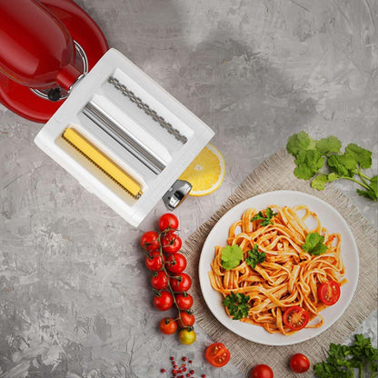 Pasta attachment for KitchenAid stand mixers. 3-in-1 set includes pasta roller, spaghetti cutter, and fettuccine cutter. Perfect accessory for making homemade pasta.