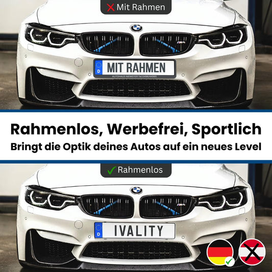 IVALITY® License Plate Holder Frameless - Bracket for 2X German License Plates, Universal License Plate Holder, Car License Plate Mount, 100% legal and Made in Germany.