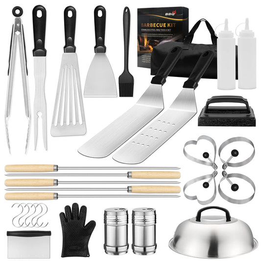 GARELF Grill Accessory Set with Flat Top, 30-Piece Grill Tool Set for Blackstone and Camping Cookouts with Scraper, Spatula, Tongs, Egg Rings, for Outdoor Camping, Parties, Teppanyaki and Gas Grills.