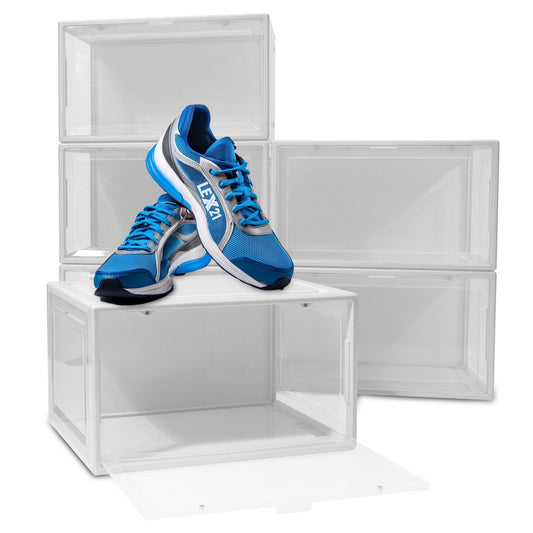 BITUXX LEX21 Shoe Box Stackable Storage Plastic Container Shoe Case Shoe Organizer up to Size 47 (White, Set of 6)