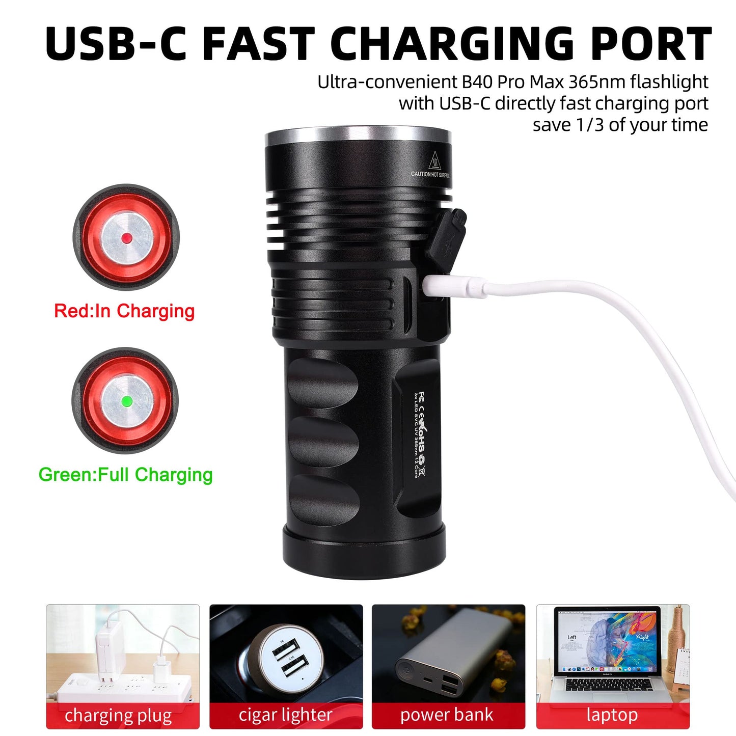 DARKBEAM UV flashlights 365nm Ultraviolet Blacklight, LED light portable Wood lamp, 36W powerful USB-C Blacklight for detecting animal urine, leaks, minerals, uranium glass with battery, B40