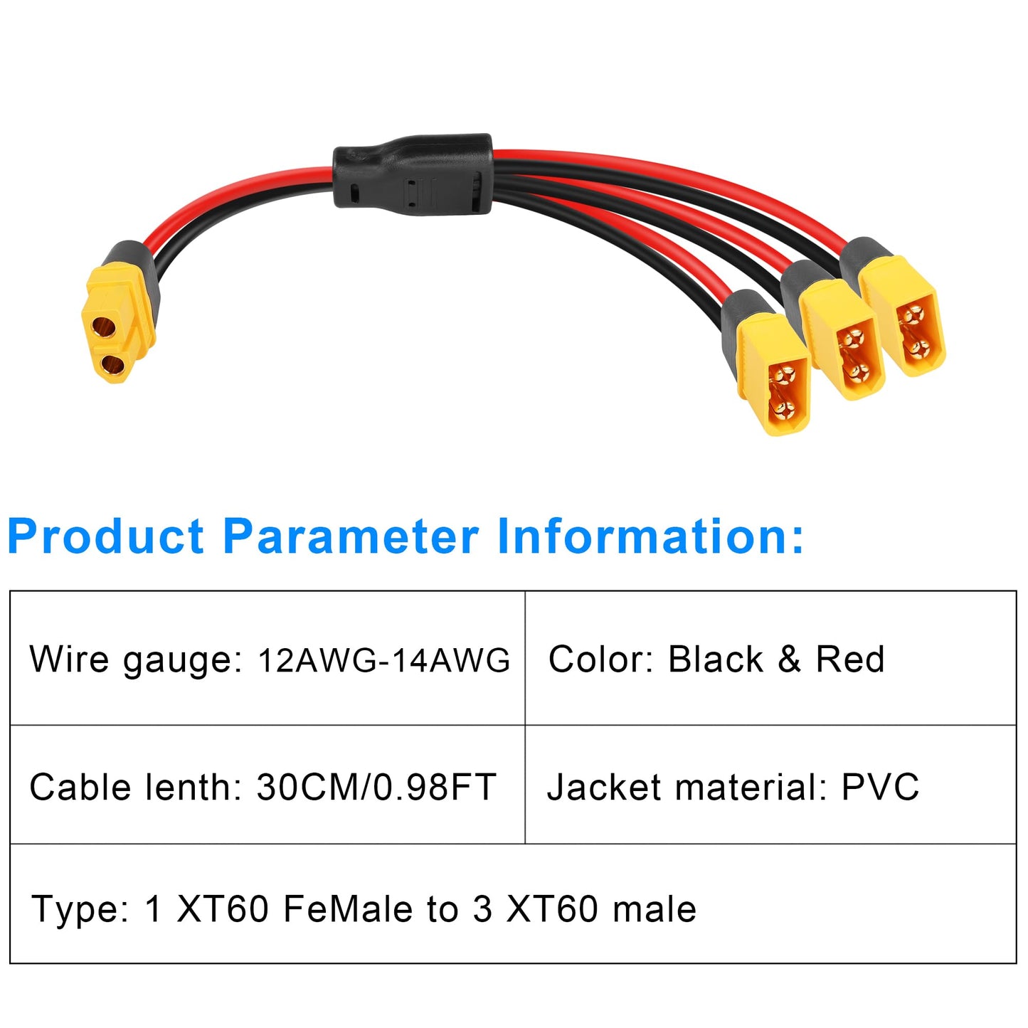 GINTOOYUN XT60 Splitter Extension Cable 1 Socket to 3 Plugs Adapter, 12AWG XT60 Power Extension Cable for Solar Panel, Solar Generator, Portable Power Station, Drone, RV, Boat, etc. (0.3M)