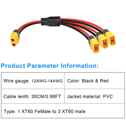 GINTOOYUN XT60 Splitter Extension Cable 1 Socket to 3 Plugs Adapter, 12AWG XT60 Power Extension Cable for Solar Panel, Solar Generator, Portable Power Station, Drone, RV, Boat, etc. (0.3M)
