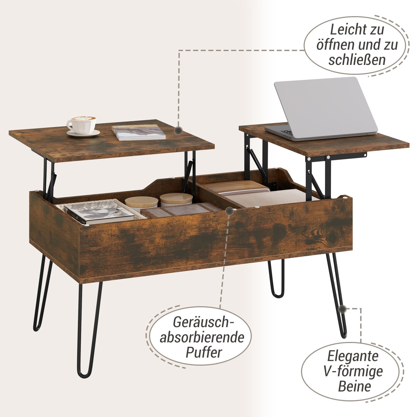 WOLTU coffee table adjustable in height, side table with double lifting plates, lift-top table, living room table, hidden storage space, rustic brown, wood-metal composite, BTS14vbn