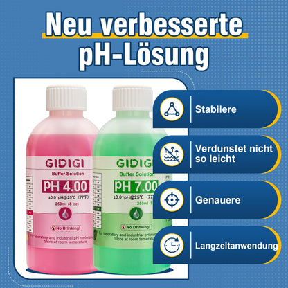 pH meter calibration solution kit, includes pH 4.00, 7.00, and pH electrode storage solution, pH calibration buffer solution 250 ml*2, pH probe storage solution 30 ml*1, pH tester accessories.