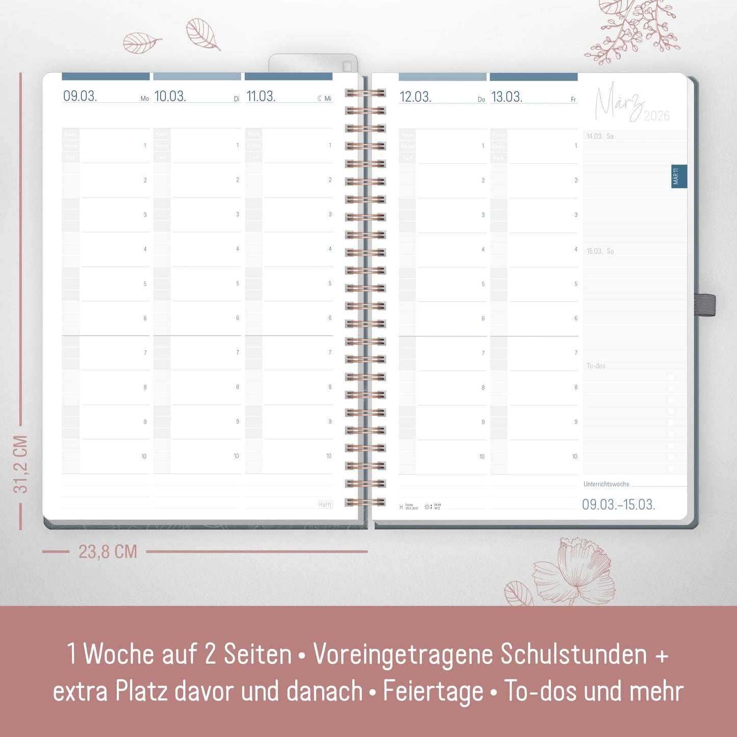Häfft® Teacher Planner 2025/2026 A4 + Deluxe "Poppy" Hardcover Teacher Planner large, school year planner with spiral binding, school planner - sustainable & eco-friendly