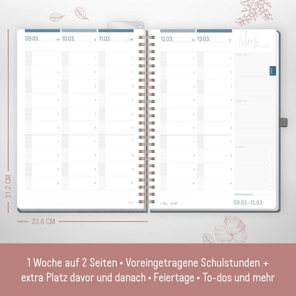 Häfft® Teacher Planner 2025/2026 A4 + Deluxe "Poppy" Hardcover Teacher Planner large, school year planner with spiral binding, school planner - sustainable & eco-friendly