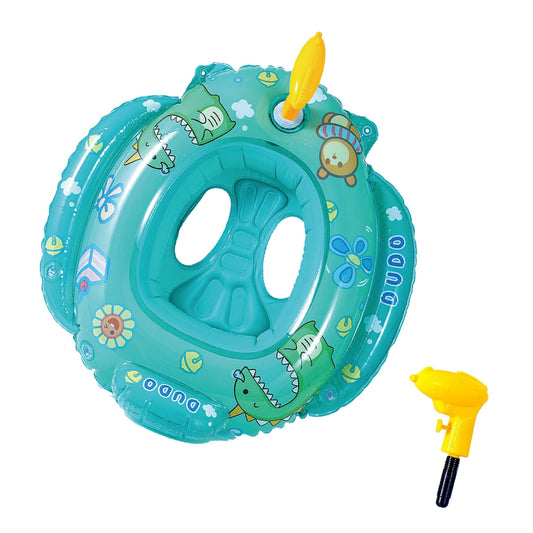 Inflatable dinosaur swim ring for kids with built-in water gun, extra thick PVC (0.25mm), for fun in the pool and at the beach.