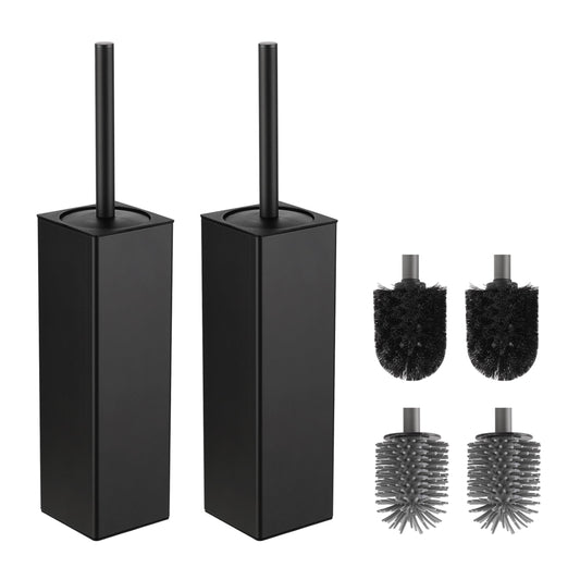 BVL WC Brushes & Holder Black, 2 Piece Metal Toilet Brush Including 4 Brush Heads, Free-standing Square Silicone Toilet Brush for the Bathroom