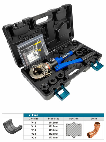 AMZCNC Professional V-Contour 12-15-18-22-28 Set Press Tool with 180° rotatable head, for copper pipe, stainless steel pipe, jaw inserts V12, V15, V18, V22, V28 incl.