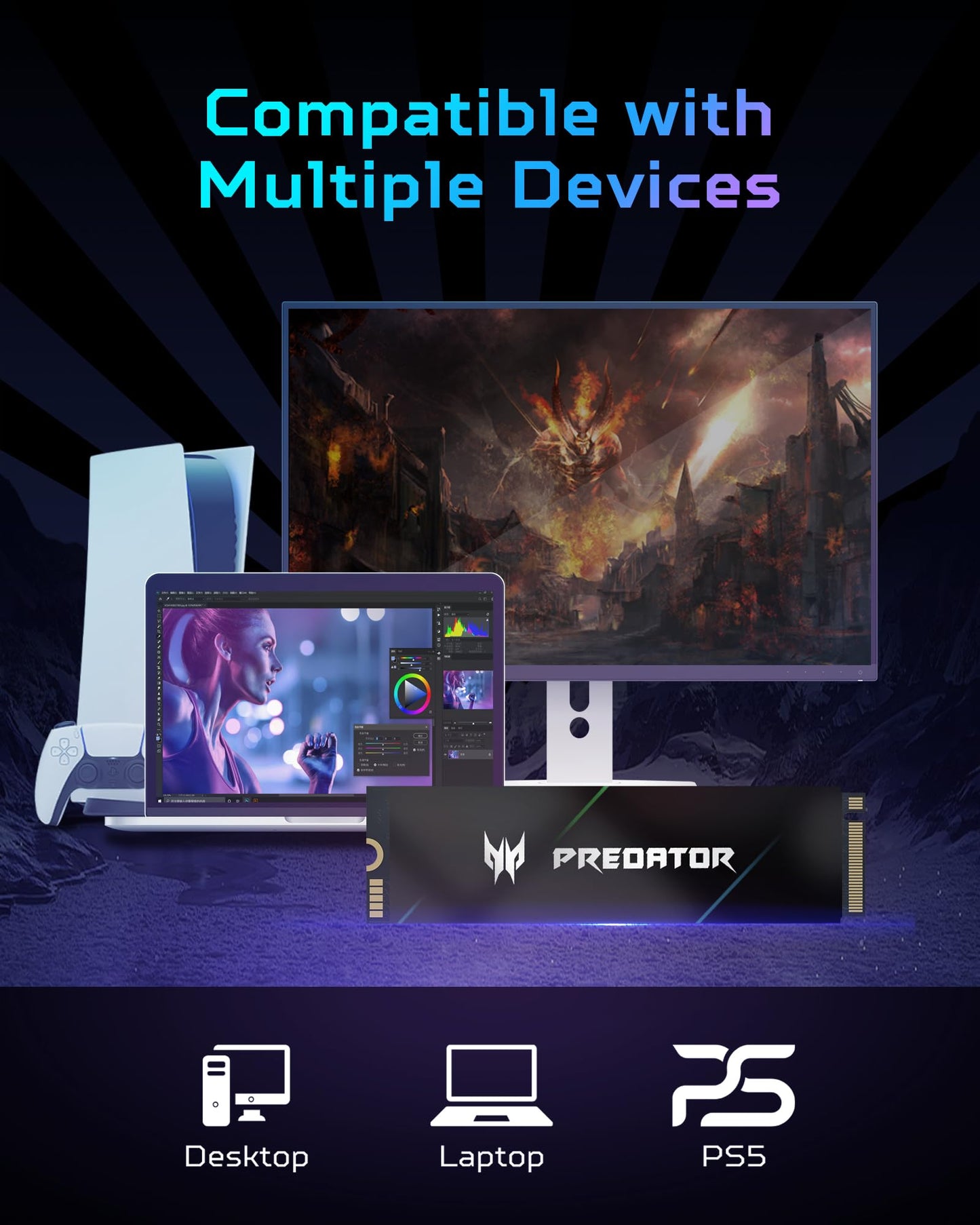 Acer Predator GM7000 Gaming SSD 2TB - up to 7400 MB/s read - M.2 2280 NVMe PCIe Gen4 with DRAM Cache, Internal Solid State Drive for Laptop & Desktop PC - PS5 Compatible