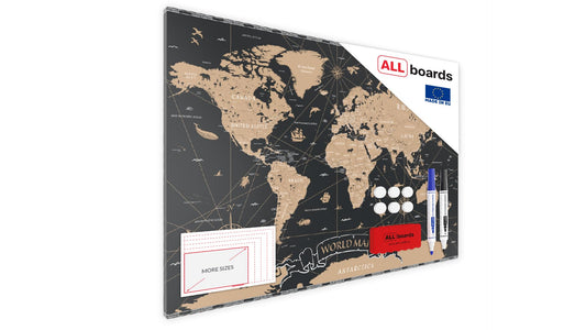 ALLboards Metal Magnetic Board WORLD MAP BLACK VINTAGE CLASSIC COUNTRIES AND CAPITALS 60x40cm MetalBoards Memo board for any type of magnets Magnetic pin board + 2 markers, 6 magnets, and eraser.