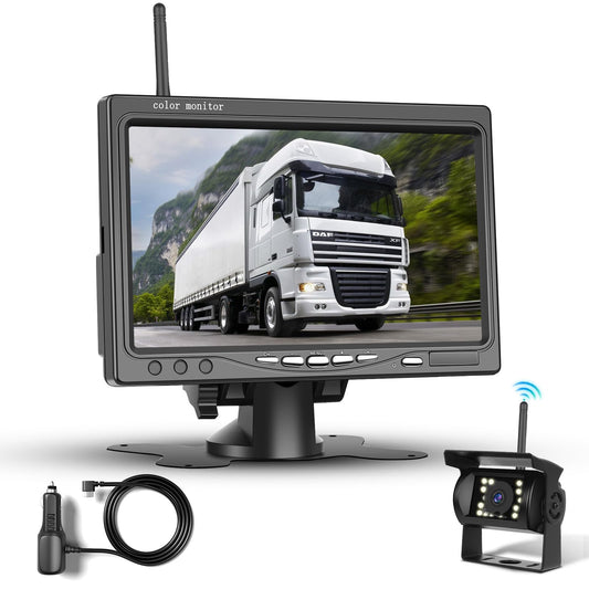 Podofo Wireless Backup Camera Kit HD 1080P, 7-inch monitor with wireless backup camera for trailer, RV, truck, car, bus, IP68 waterproof, night vision, BSD, 12V-36V.