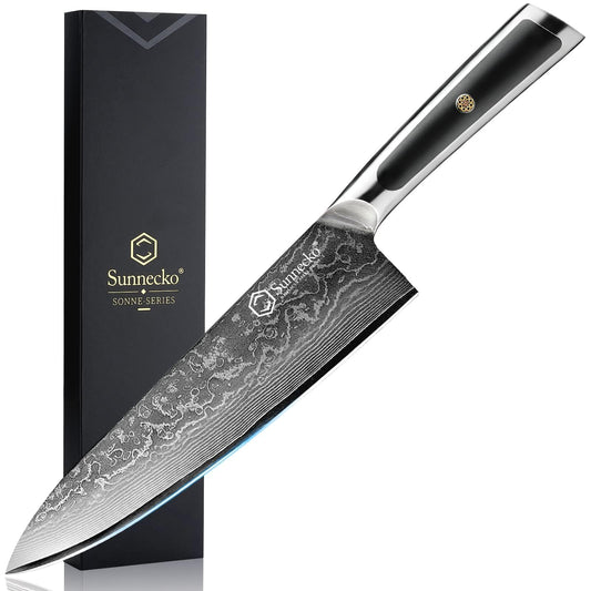 Sunnecko 20cm damascus chef knife kitchen knife - Sharp knife made of damascus steel, damascus kitchen knife with ergonomic handle, meat knife for kitchen