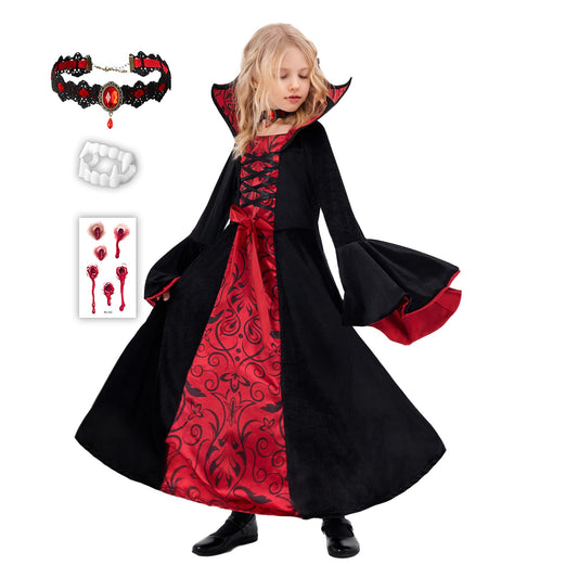 Funnlot Vampire Costume Girls Gothic Halloween Costume Dress with Vampire Teeth Kids Carnival Costume Cosplay M(7-9 Years)