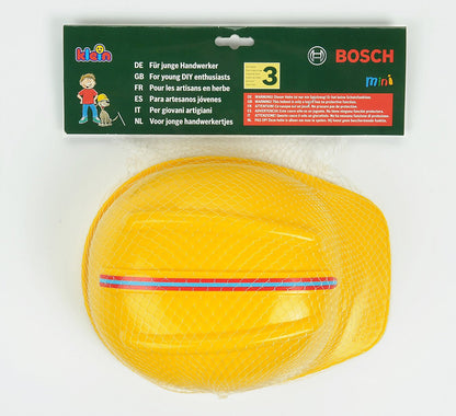 Theo Klein 8573 Bosch Tool Box with 7-Piece Tool Set, sturdy box with handle 30.25 x 14 x 17.25 cm & Bosch Craftsman Helmet in yellow, toy helmet in craftsman look 25.8 x 19.5 x 11 cm