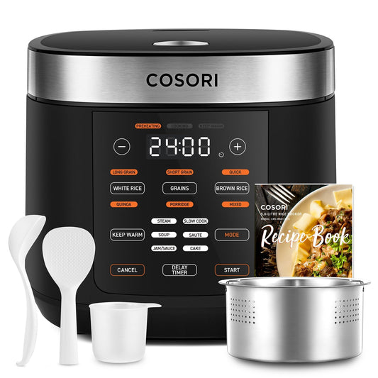 COSORI Rice Cooker, Multicooker with 17 programs, 5L Rice Cooker, Fuzzy Logic, Steamer with Stainless Steel Insert, Recipe Book, Slow Cooker, Premium Inner Pot, Keep Warm Function, Timer, Black