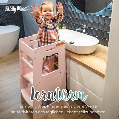 KiddyMoon Learning Tower for Children from 1 Year, Anti-Tip Protection, Height Adjustable (3 Levels), Montessori Learning Tower, Kitchen Helper, Highest Safety, Including Assembly Accessories, Model ST-003, Gray