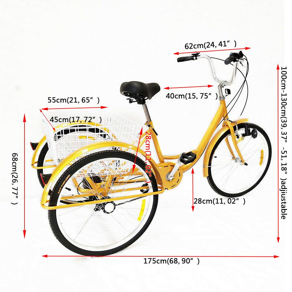 MINUS ONE adult tricycle Bicycle with 3 wheels Seniors' bike Cargo bike 24" 6-speed gear shift (yellow with lights)