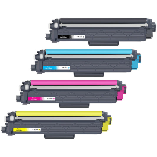 Jhaan TN-243CMYK compatible toner for Brother MFC-L3750CDW, DCP-L3550CDW, MFC-L3770CDW, HL-L3210CW, HL-L3230CDW, MFC-L3710CW. TN 243CMKY TN247 TN-247 TN-243 (4-pack) for Brother printers.