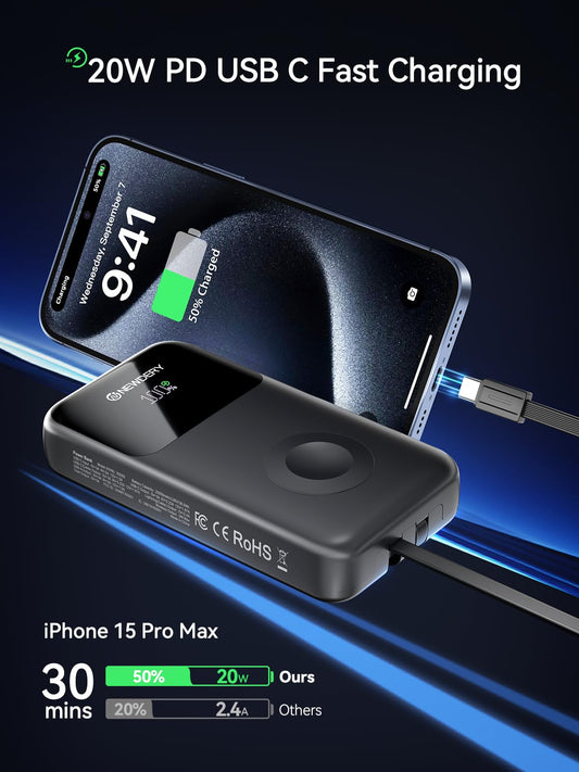 NEWDERY Powerbank for Apple Watch & iPhone Charger 20000mAh Wireless Charging Station Power Bank, Fast Charging External Battery Pack portable Travel Charger for iPhone 15/14/13/12 Series, iWatch Ultra/9-1