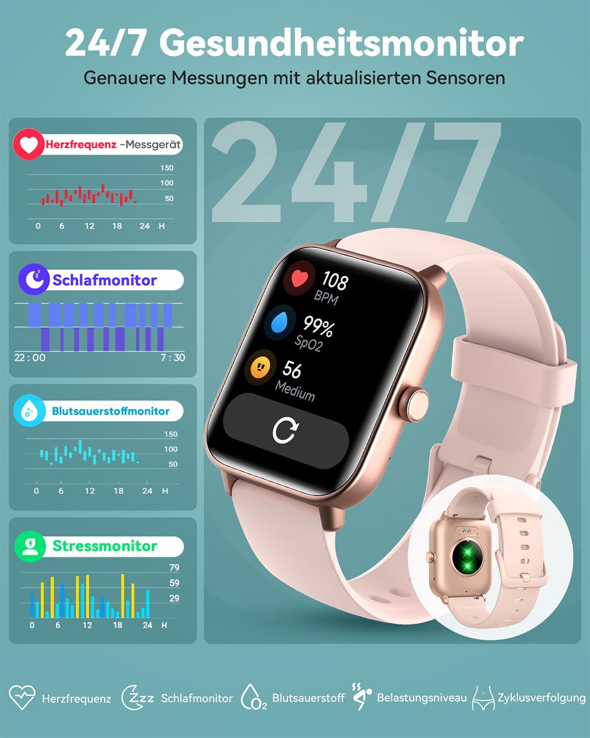 Women's smartwatch with phone-women's digital watch fitness tracker with EKG heart rate Bluetooth sleep monitor pulse meter sports watch waterproof with pedometer wristwatch for iOS Android (pink)